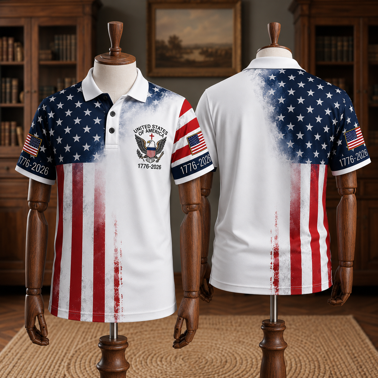America 250th Anniversary Toile De Jouy Style Patriotic Polo Shirt
