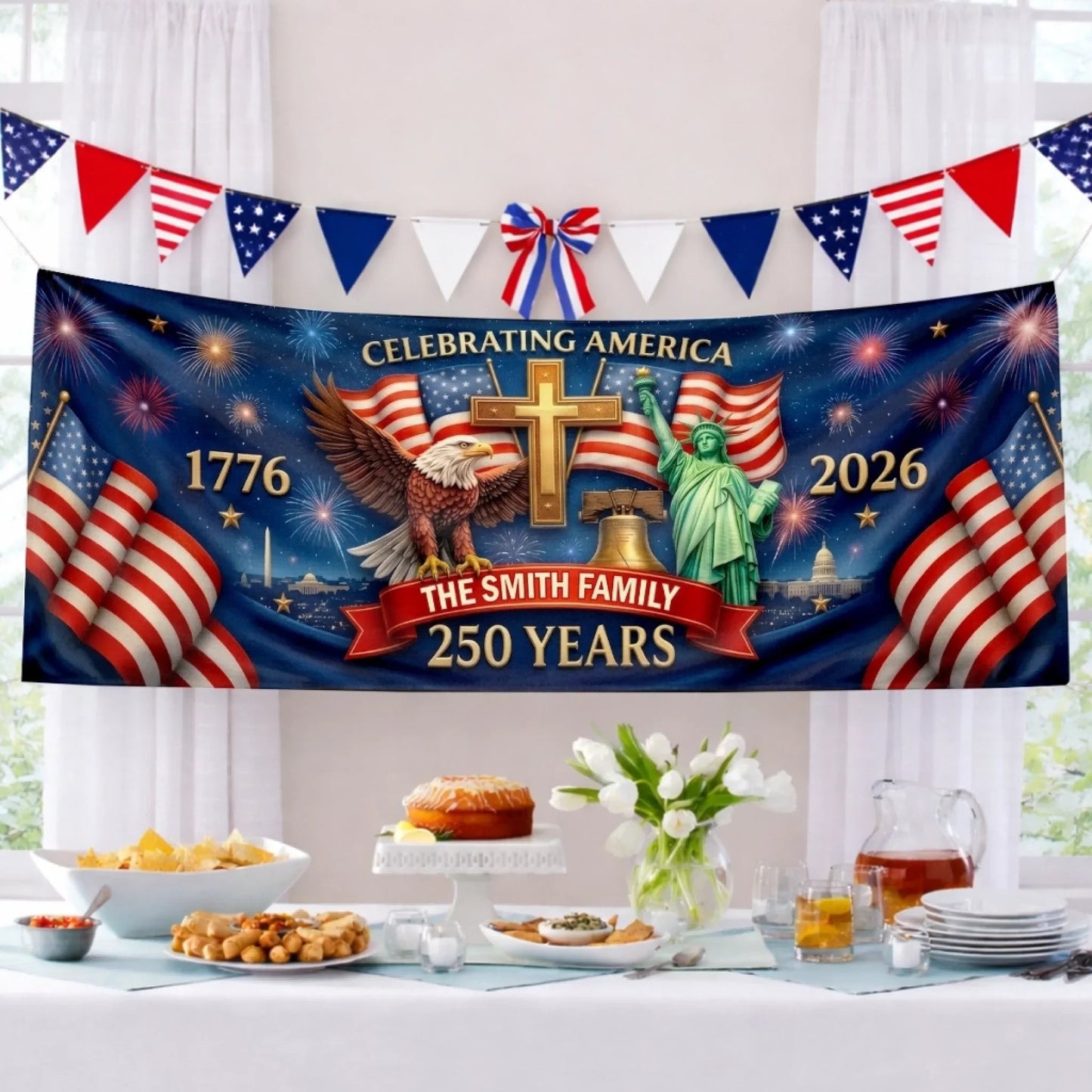 Custom Outdoor Banner β Personalized America 250th Anniversary Proud Hearts Shine Bright
