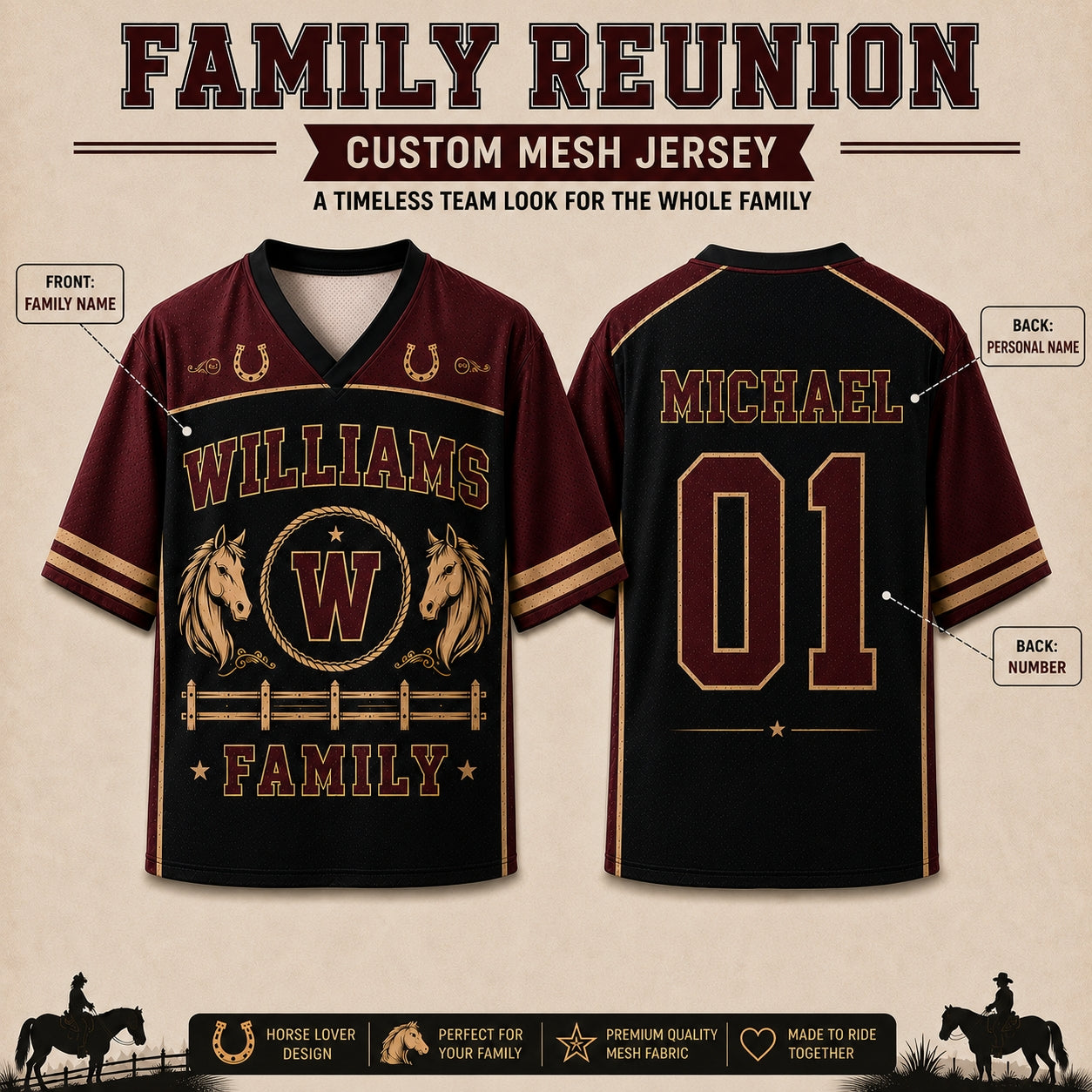 Custom Pink Ranch Horse Family Reunion Mesh Jersey – Personalized Family Name, Individual Name & Number