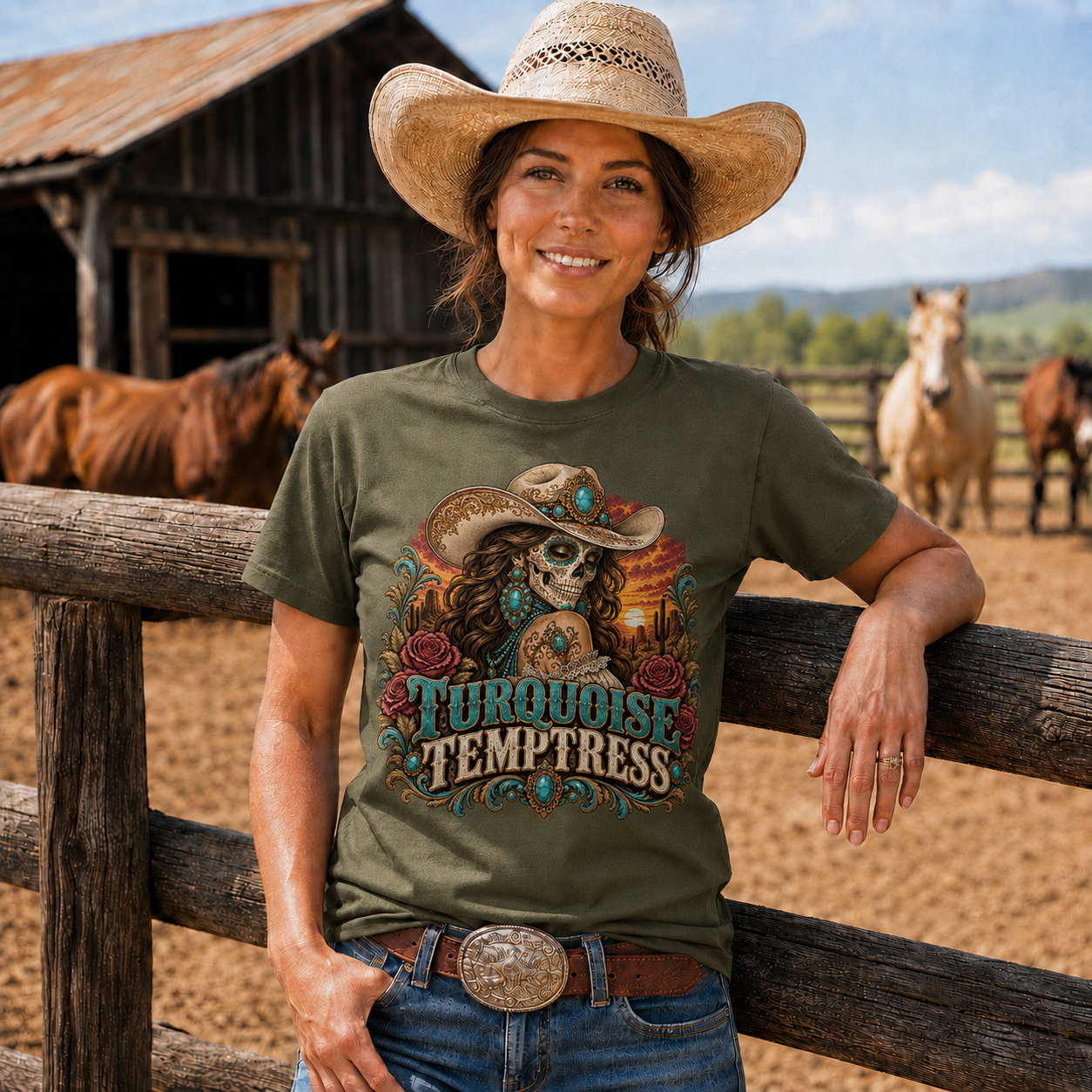 Turquoise Temptress Western Cowgirl Graphic T-Shirt - Unisex Tshirt /Hoodie/Sweatshirt