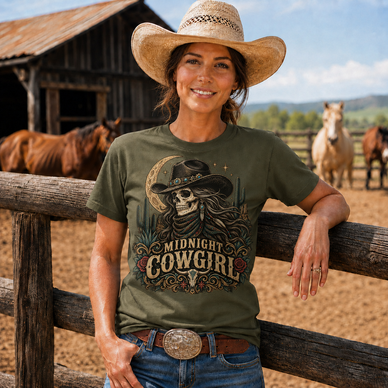 Midnight Cowgirl Western Skeleton Graphic T-Shirt-Unisex Tshirt /Hoodie/Sweatshirt