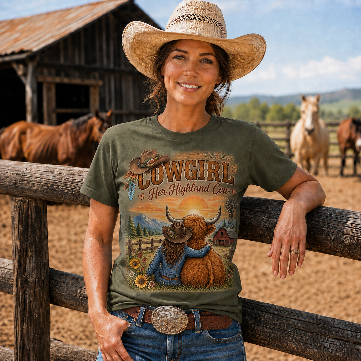 Cowgirl and Highland Cow Sunset Western -Unisex Tshirt /Hoodie/Sweatshirt