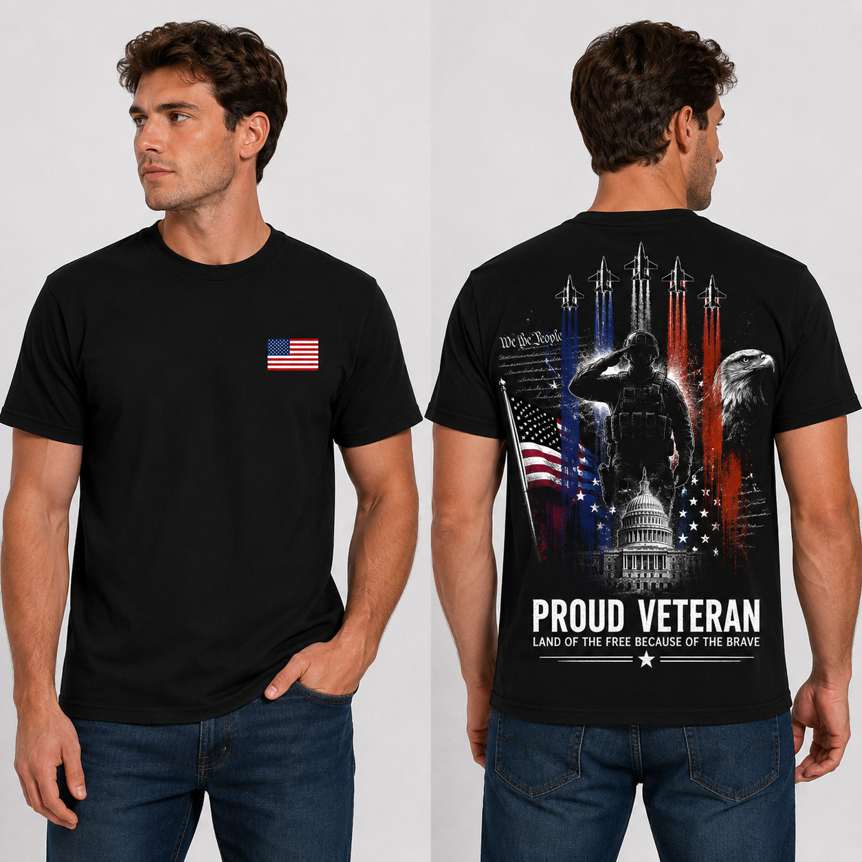 American Veteran T-Shirt – Patriotic Military Back Print with USA Flag