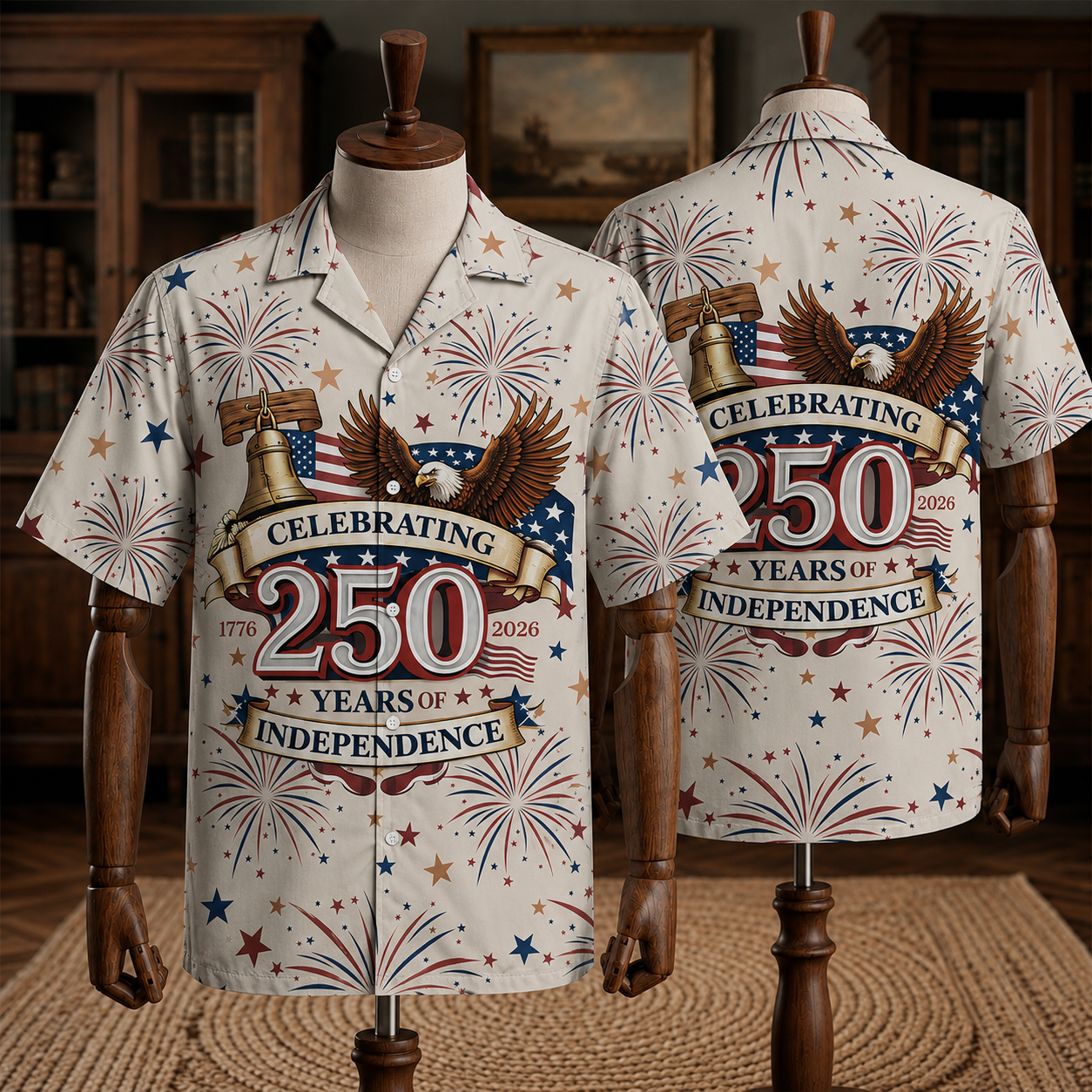 America 250th Anniversary Toile De Jouy Style Patriotic Hawaiian Shirt