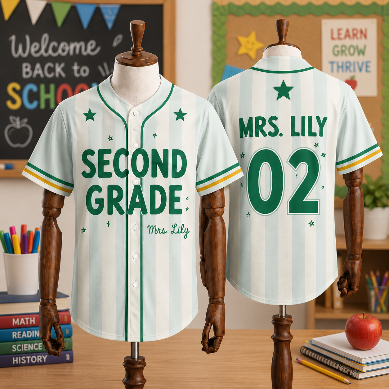 Custom Teacher Baseball Jersey, Personalized Grade Level & Name Pinstripe Shirt