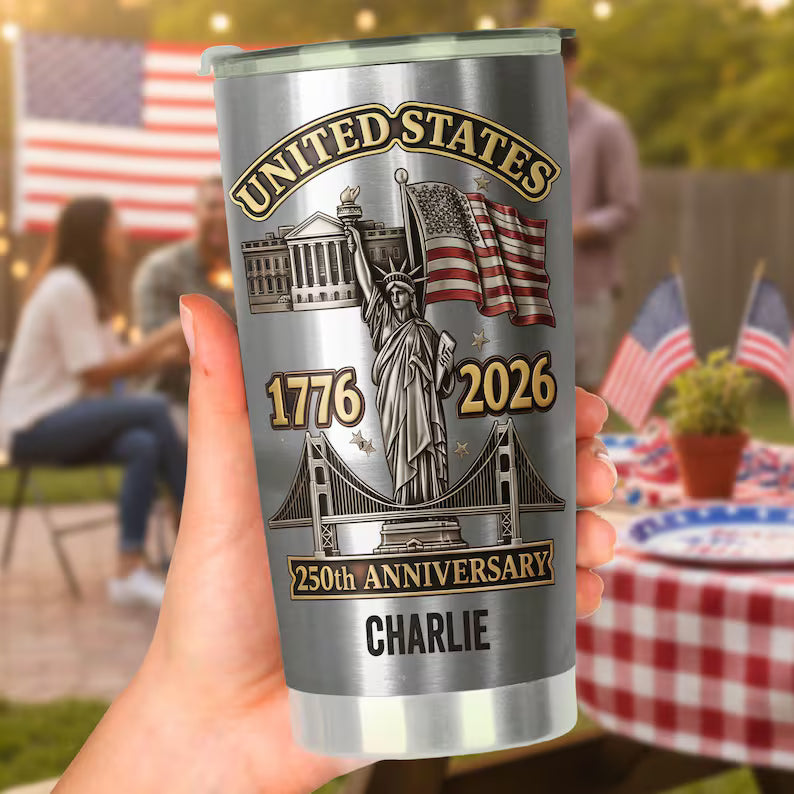 Personalized 2D Flat USA 250th Anniversary 20 OZ Tumbler, Custom Name Patriotic Stainless Steel Cup, 1776–2026 America