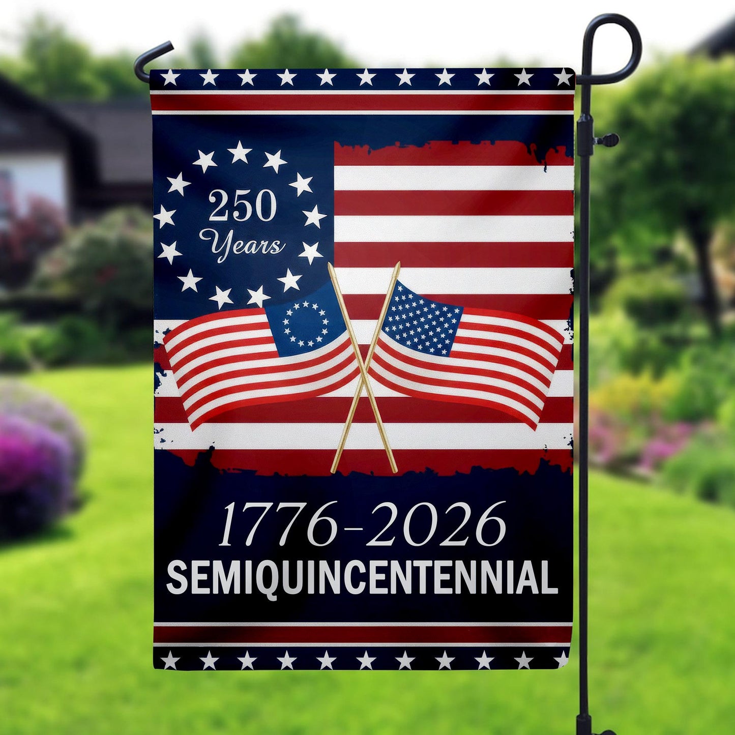 America 250 Semiquincentennial Garden Flag , 250th Anniversary USA Patriotic Flag, Vintage Independence Day, Patriotic Tee with USA Flag