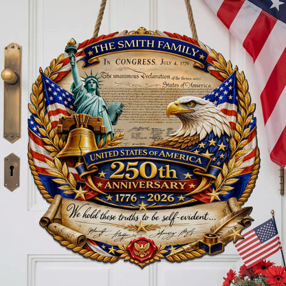 Custom Family Name Wood Sign - Declaration of Independence, American Eagle & Statue of Liberty