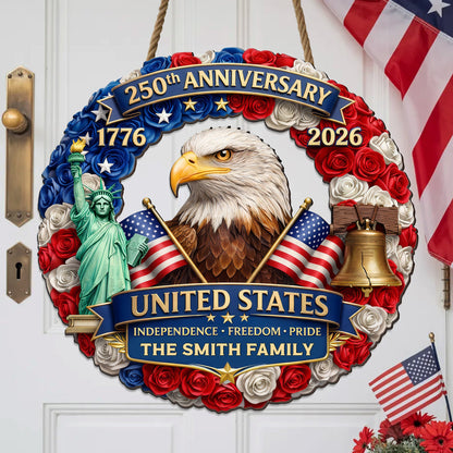 Custom Family Name Wood Sign- Personalized America 250th Anniversary Gifts For Mom, Dad, Brother, Sister, Kids - Family Forever United