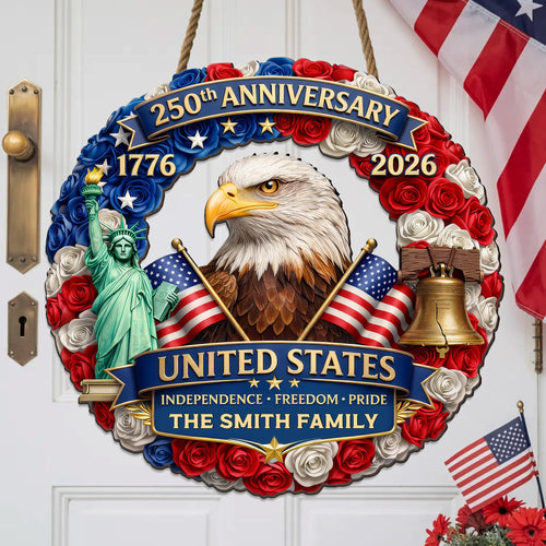 Custom Family Name Wood Sign- Personalized America 250th Anniversary Gifts For Mom, Dad, Brother, Sister, Kids - Family Forever United