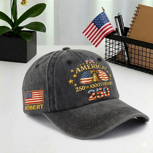 Personalized 250th Anniversary Washed Baseball Cap – Custom Name & USA Flag, 1776-2026