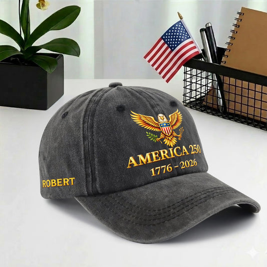 Custom Name America 250 Baseball Cap - 250th Anniversary Bald Eagle Patriotic Hat 1776-2026