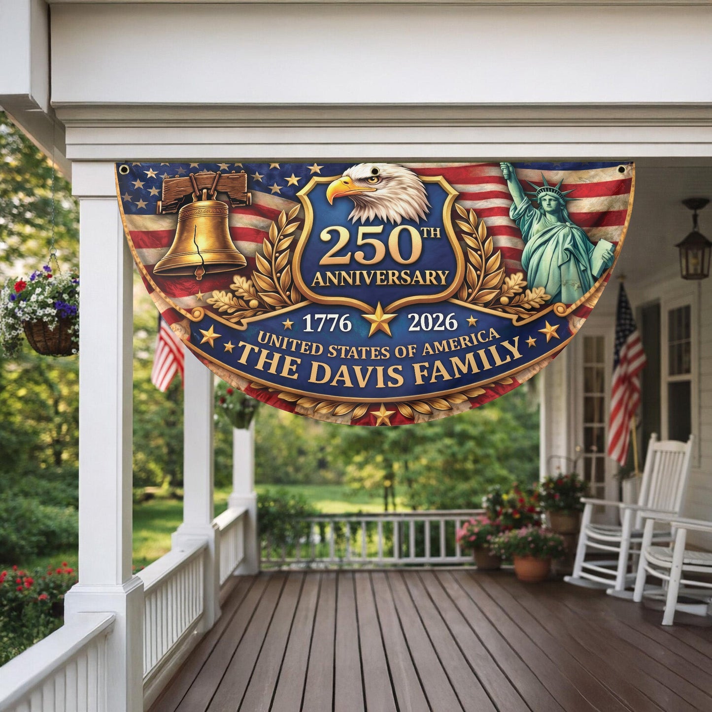 Personalized 250th Anniversary USA Flag – Custom Family Name, Eagle, Liberty Bell, 1776-2026