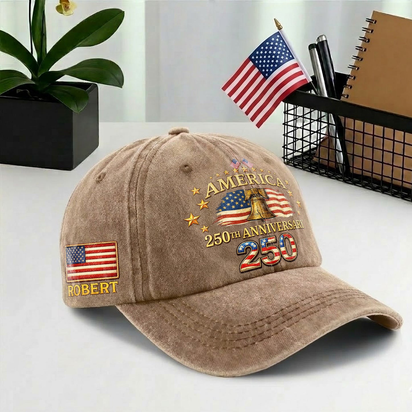 Personalized 250th Anniversary Washed Baseball Cap – Custom Name & USA Flag, 1776-2026