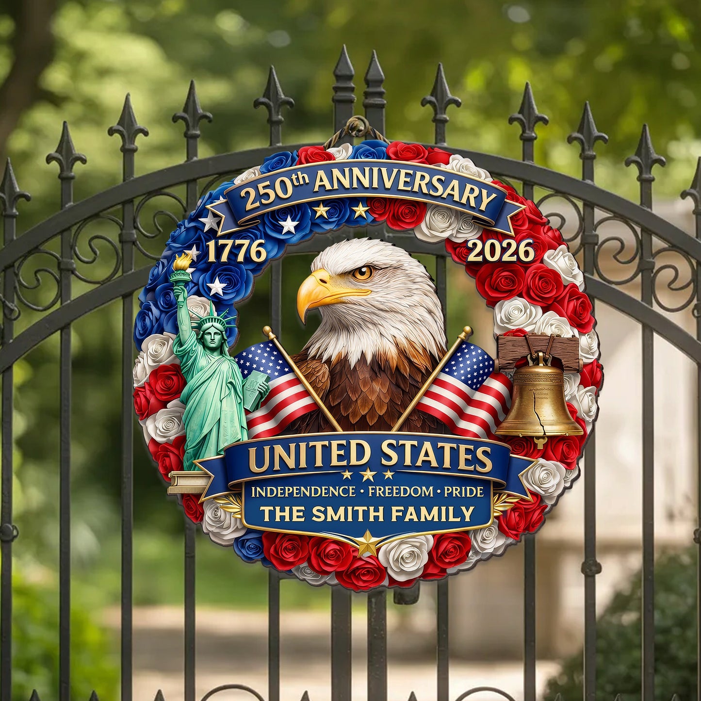 Custom Family Name Wood Sign- Personalized America 250th Anniversary Gifts For Mom, Dad, Brother, Sister, Kids - Family Forever United