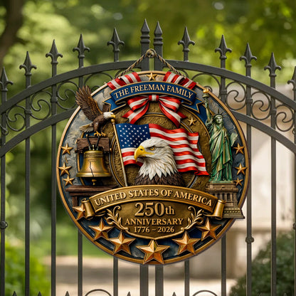 Custom Family Name Wood Sign- Personalized America 250th Anniversary Gifts For Mom, Dad, Brother, Sister, Kids - Family Forever United
