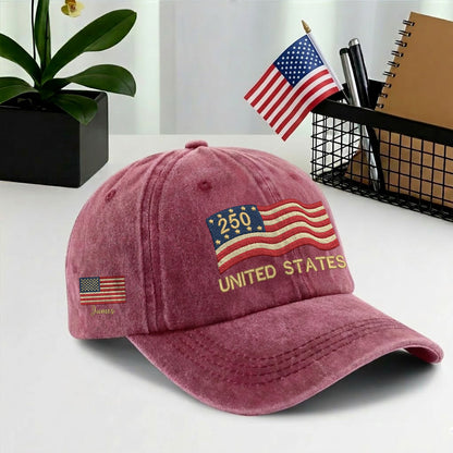 Custom Embroidered USA 250th Anniversary Hat – Personalized United States Flag Cap with Name, 1776-2026