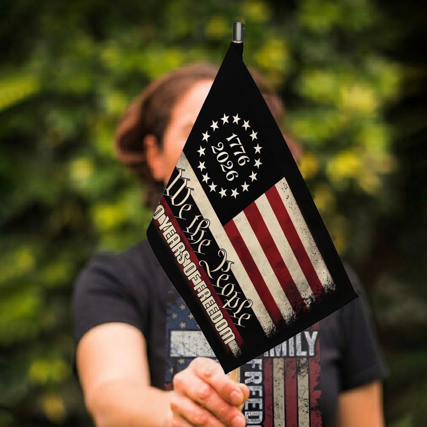 We The People 250th Anniversary Handheld Flag - 1776 to 2026 Patriotic Design