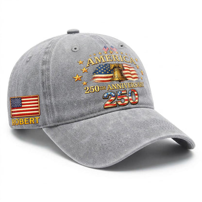 Personalized 250th Anniversary Washed Baseball Cap – Custom Name & USA Flag, 1776-2026