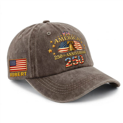 Personalized 250th Anniversary Washed Baseball Cap – Custom Name & USA Flag, 1776-2026