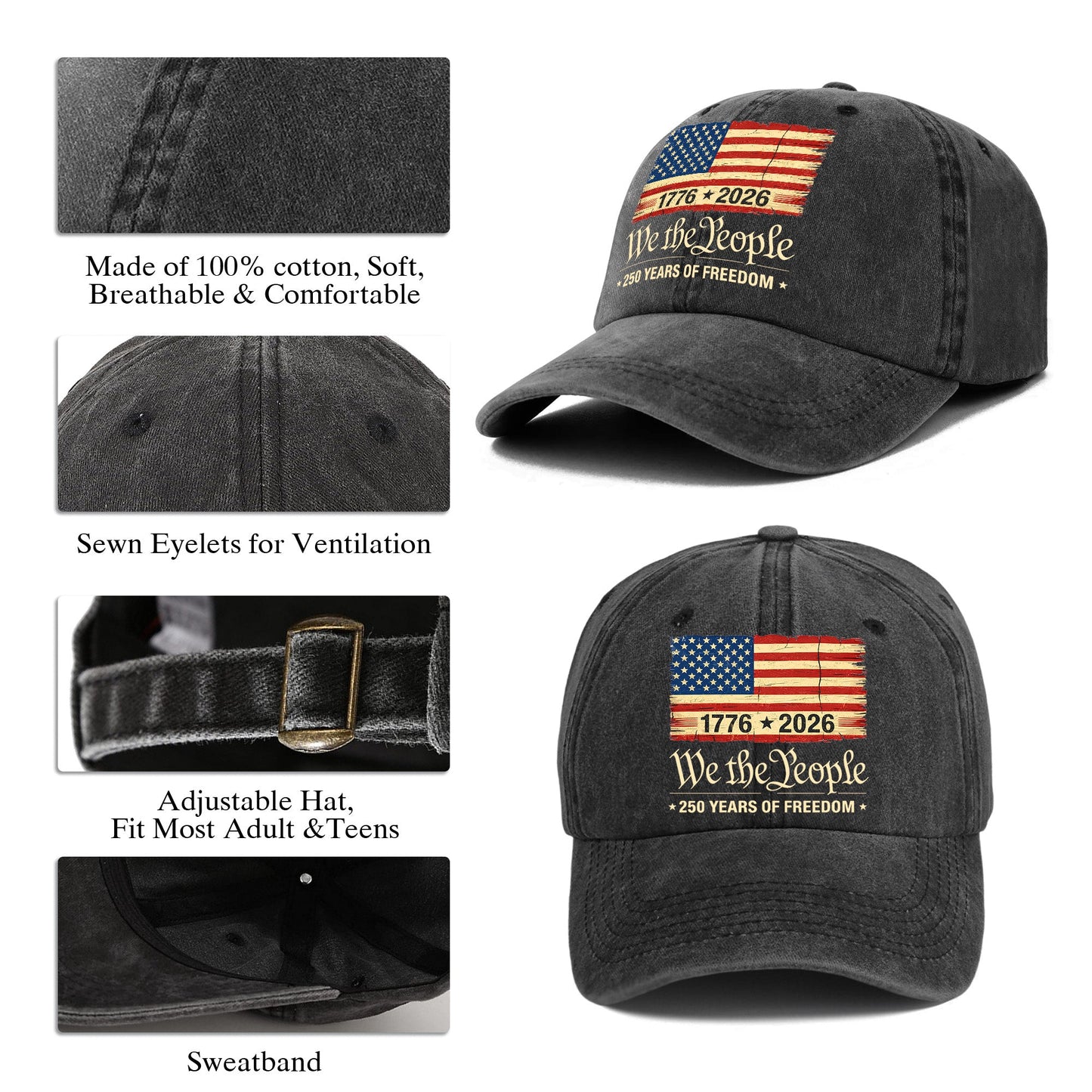 Patriotic USA Baseball Cap - We The People 250th Anniversary American Flag Hat