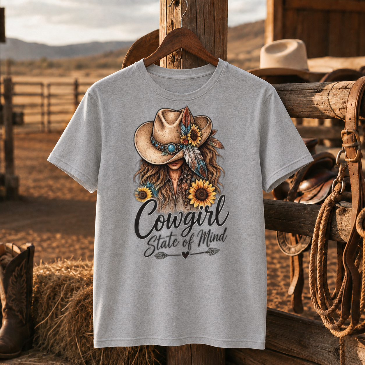 Cowgirl State Of Mind Western Shirt, Cowgirl Hat Sunflower – Unisex Tshirt/Hoodie/Sweatshirt