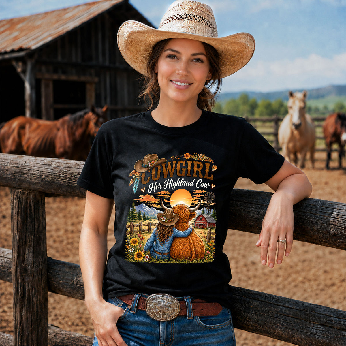 Cowgirl and Highland Cow Sunset Western -Unisex Tshirt /Hoodie/Sweatshirt