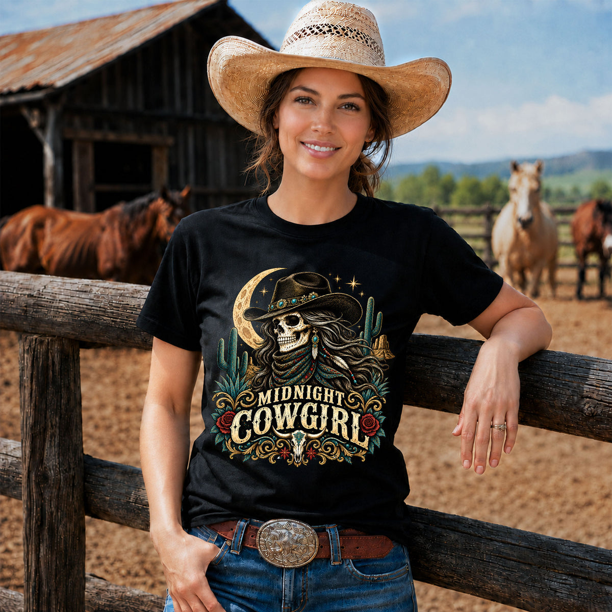 Midnight Cowgirl Western Skeleton Graphic T-Shirt-Unisex Tshirt /Hoodie/Sweatshirt