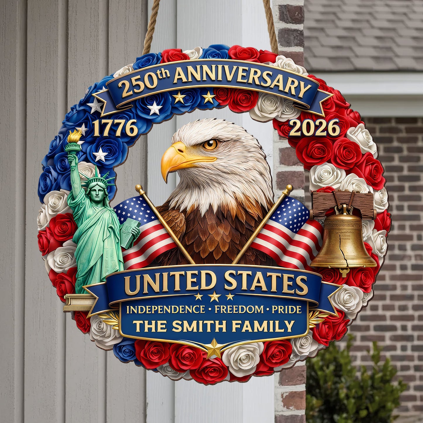 Custom Family Name Wood Sign- Personalized America 250th Anniversary Gifts For Mom, Dad, Brother, Sister, Kids - Family Forever United