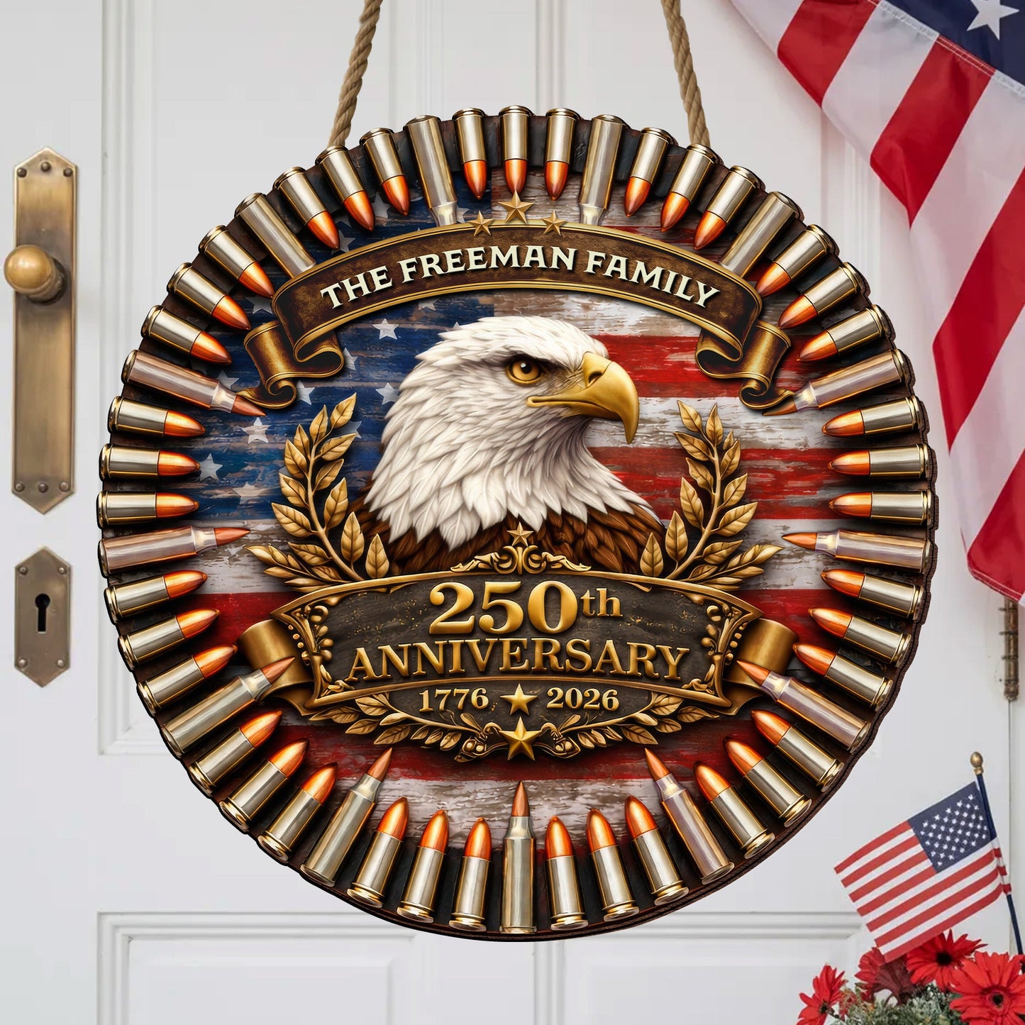 Custom Family Name Wood Sign- Personalized America 250th Anniversary Gifts For Mom, Dad, Brother, Sister, Kids - Family Forever United