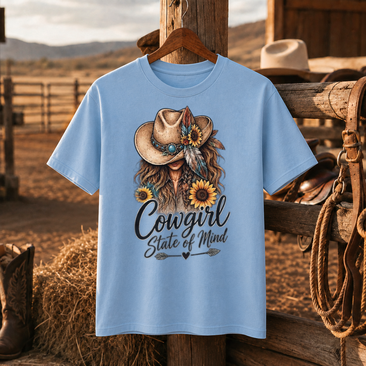 Cowgirl State Of Mind Western Shirt, Cowgirl Hat Sunflower – Unisex Tshirt/Hoodie/Sweatshirt