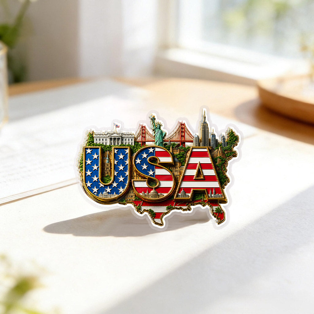 USA Flag Landmark Acrylic Pins – Gold Brooch Set for Jackets, Hats & Gifts