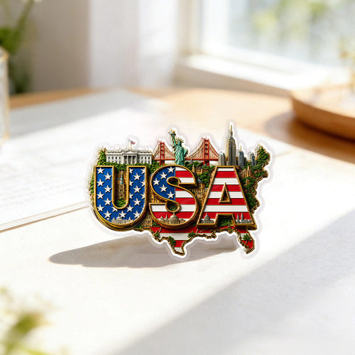USA Flag Landmark Acrylic Pins – Gold Brooch Set for Jackets, Hats & Gifts