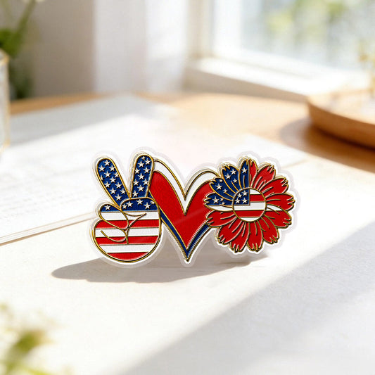 USA Peace Love Freedom Acrylic Pins – Gold Brooch Set for Jackets, Hats & Gifts