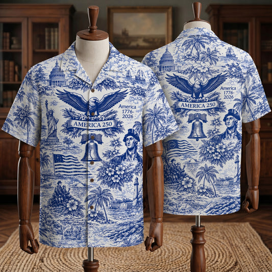 America 250th Anniversary Toile De Jouy Style Patriotic Hawaiian Shirt