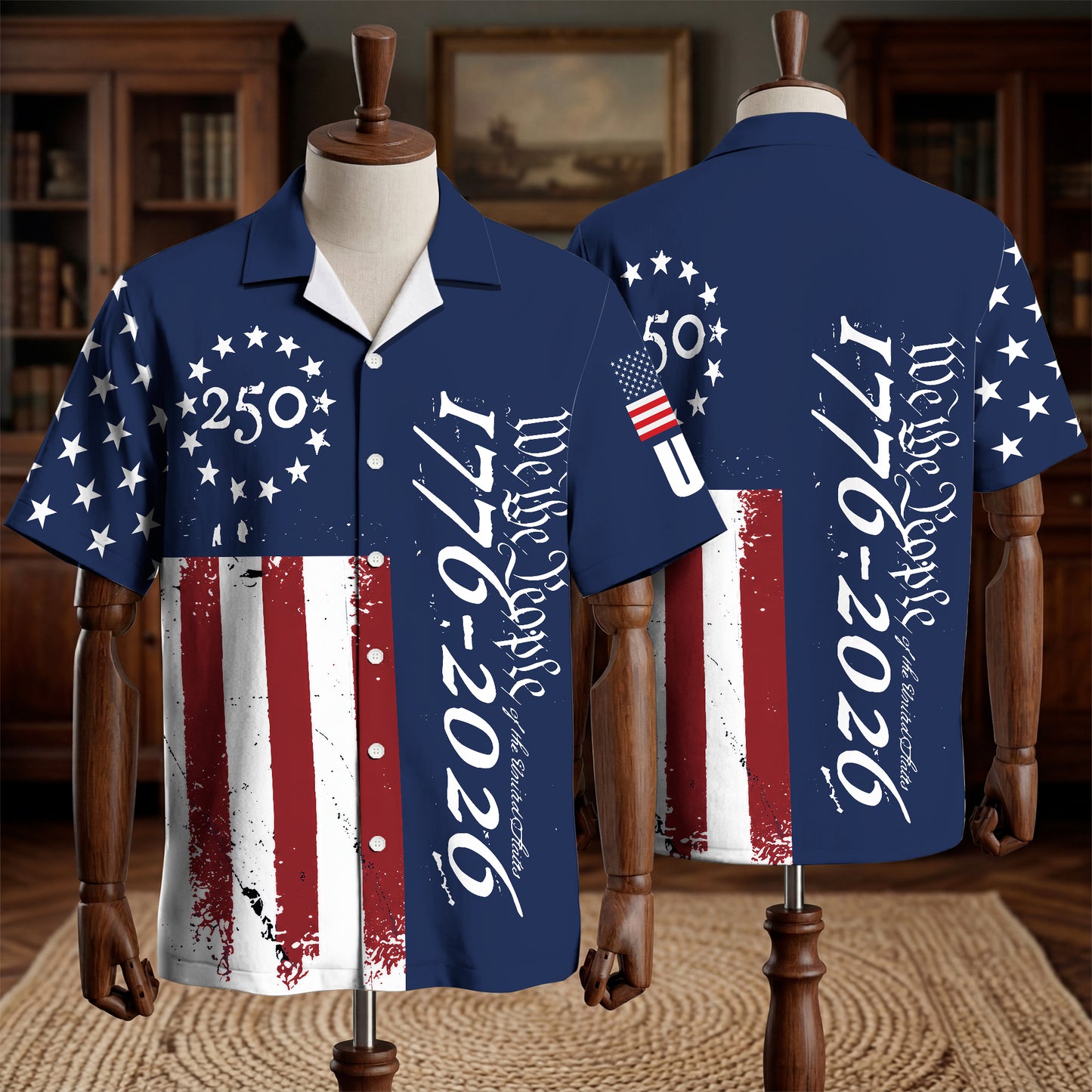 America 250th Anniversary Toile De Jouy Style Patriotic Hawaiian Shirt