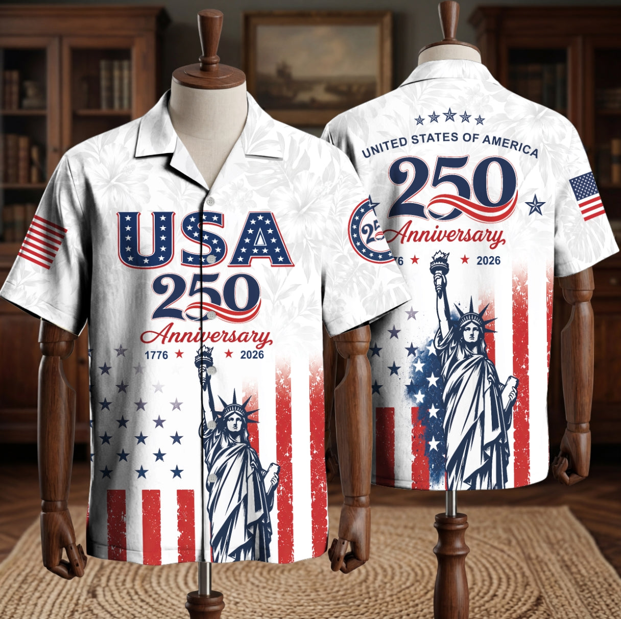 America 250th Anniversary Toile De Jouy Style Patriotic Hawaiian Shirt