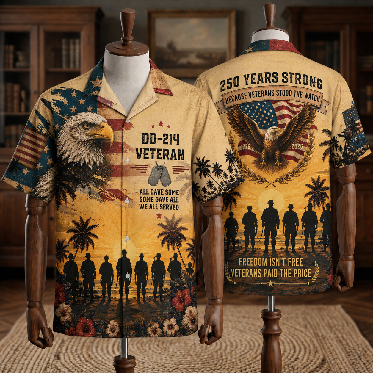 America 250th Anniversary Toile De Jouy Style Patriotic Hawaiian Shirt