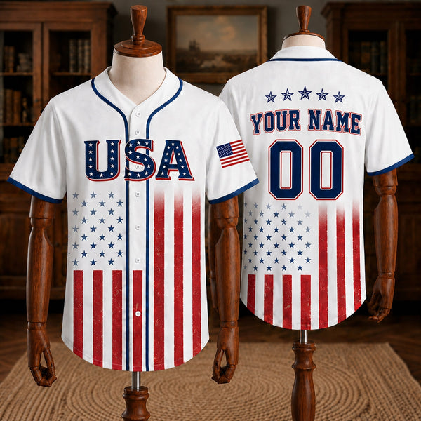 Custom Patriotic USA Baseball Jersey, Personalized Name and Number American Flag Shirt