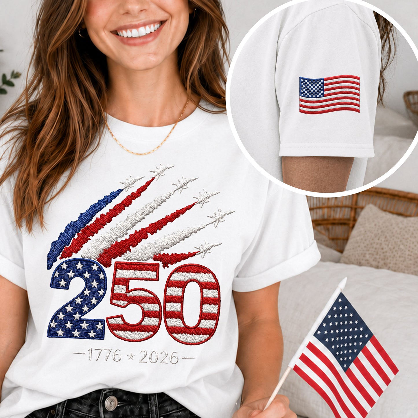 America 250th Anniversary Embroidered T-Shirt – Celebrate 250 Years of Freedom (1776–2026)