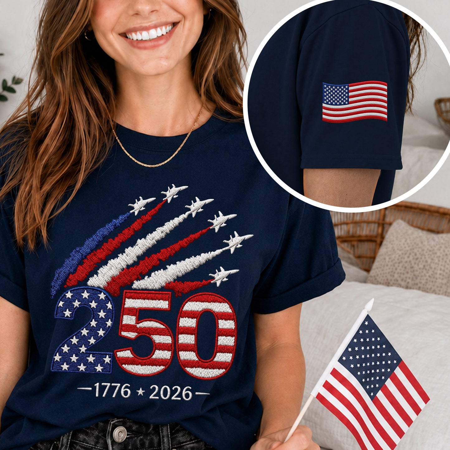 America 250th Anniversary Embroidered T-Shirt – Celebrate 250 Years of Freedom (1776–2026)