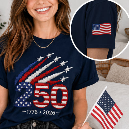 America 250th Anniversary Embroidered T-Shirt – Celebrate 250 Years of Freedom (1776–2026)