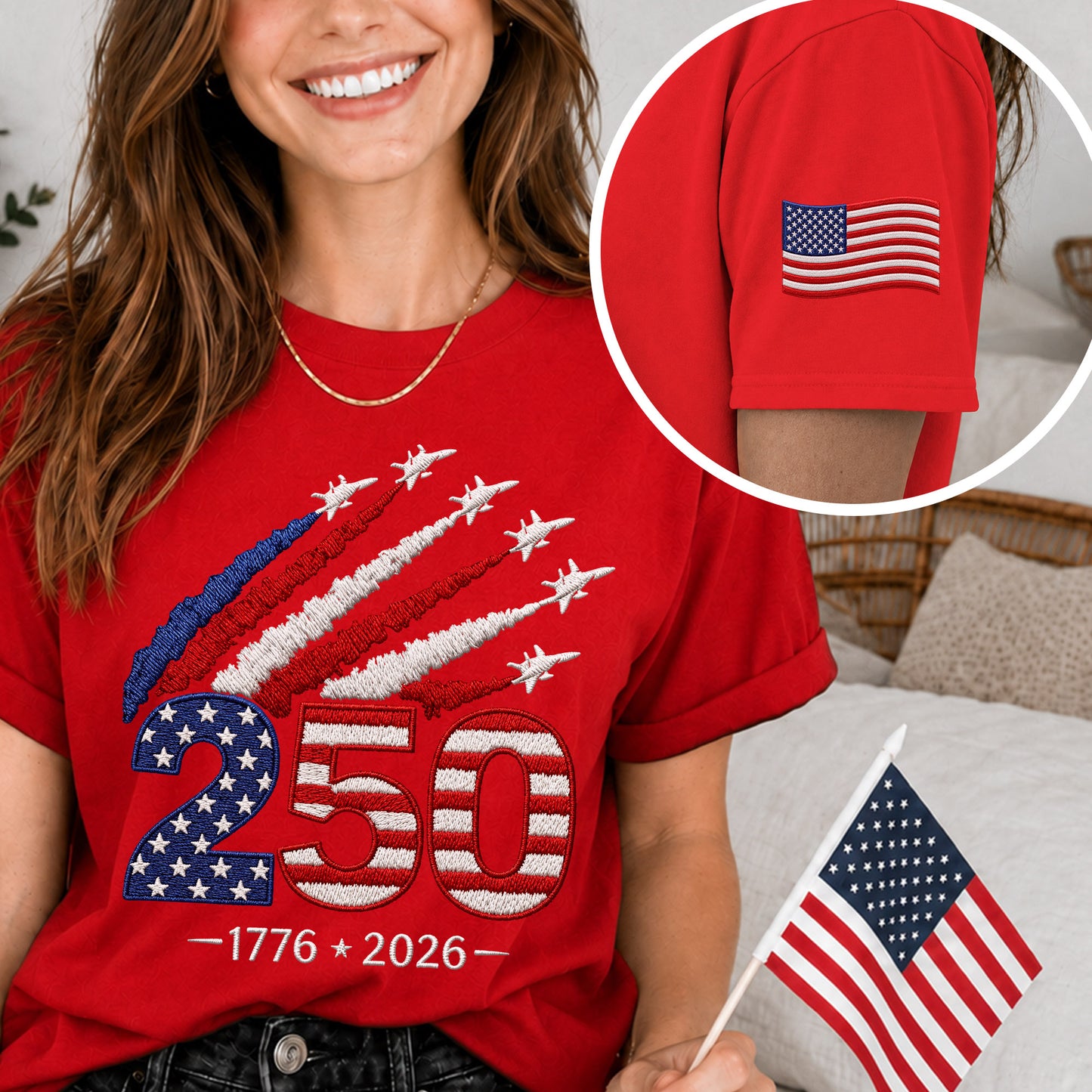 America 250th Anniversary Embroidered T-Shirt – Celebrate 250 Years of Freedom (1776–2026)