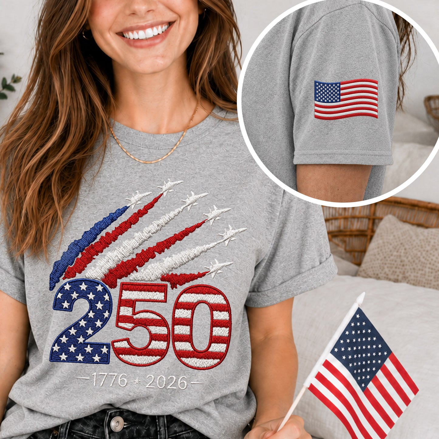 America 250th Anniversary Embroidered T-Shirt – Celebrate 250 Years of Freedom (1776–2026)