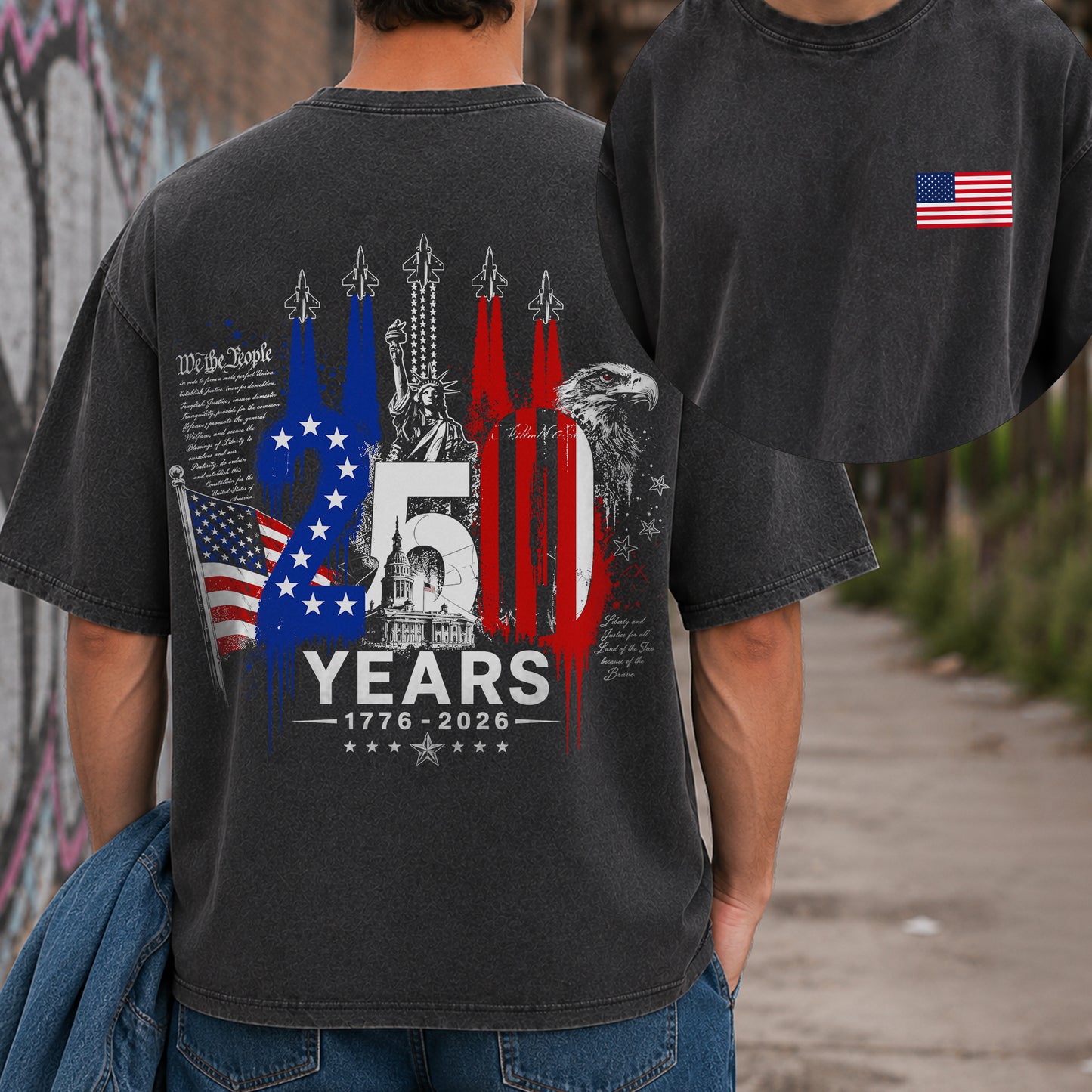Washed T-Shirt | [Two Side] USA 250 Years Patriotic T-Shirt 1776–2026, America 250th Anniversary Independence Day Eagle Freedom Shirt