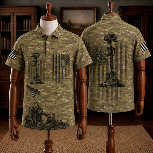 Military Memorial Polo Shirt – Fallen Soldier Battlefield Cross Camo Polo for Veterans