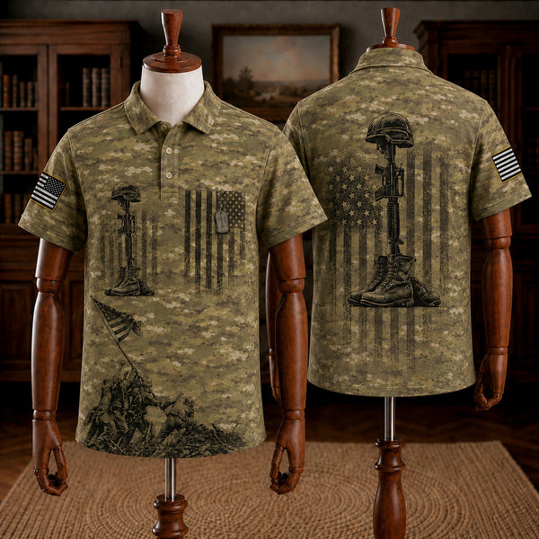 Military Memorial Polo Shirt – Fallen Soldier Battlefield Cross Camo Polo for Veterans