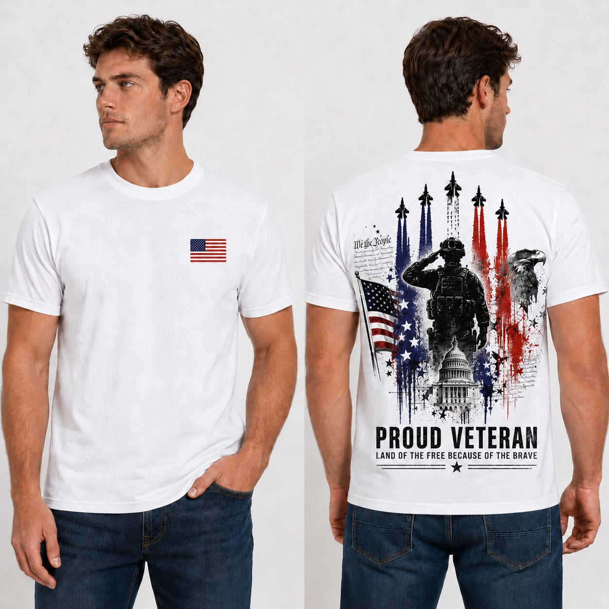 American Veteran T-Shirt – Patriotic Military Back Print with USA Flag