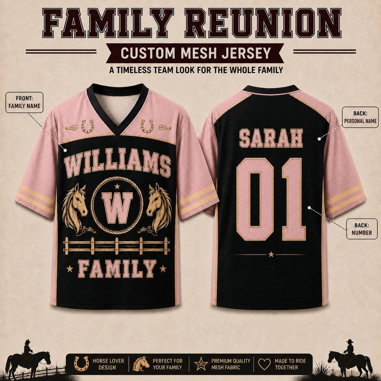 Custom Pink Ranch Horse Family Reunion Mesh Jersey – Personalized Family Name, Individual Name & Number