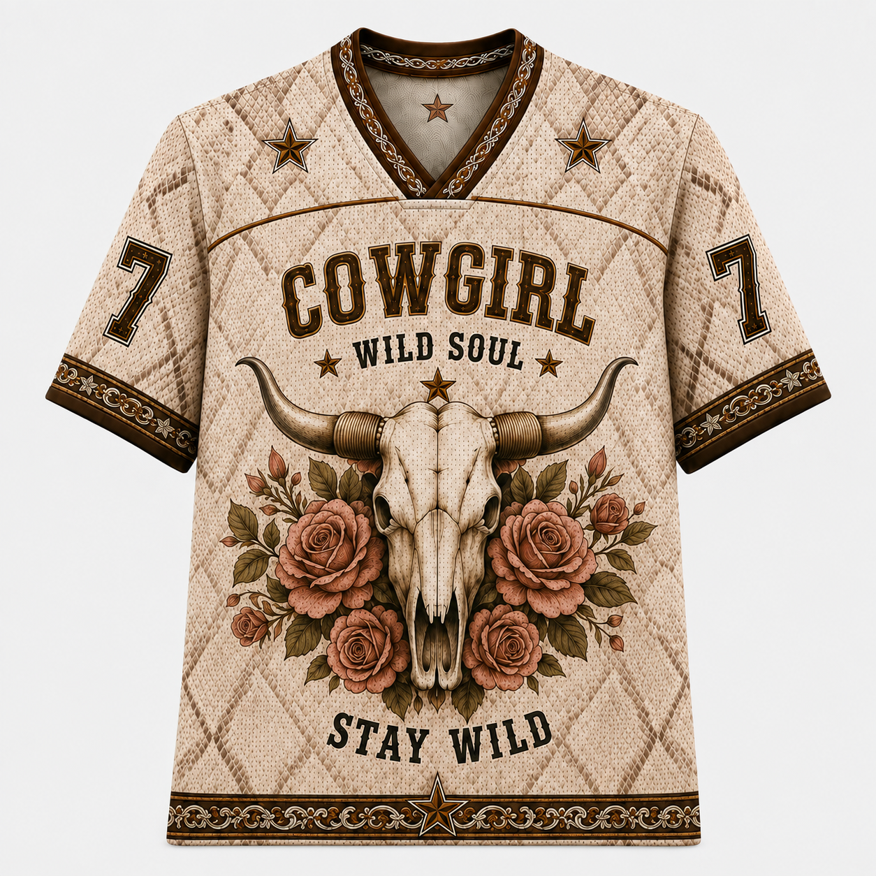 Cowgirl Wild Soul Mesh Jersey – Vintage Western Longhorn Bull Skull & Rose